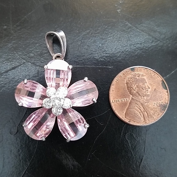 Sterling Silver and Pink Crystal Flower Pendant - Picture 6 of 7